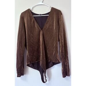 Express Metallic Brown Deep V-Neck Long Sleeve Bodysuit – Size XL, Party Top